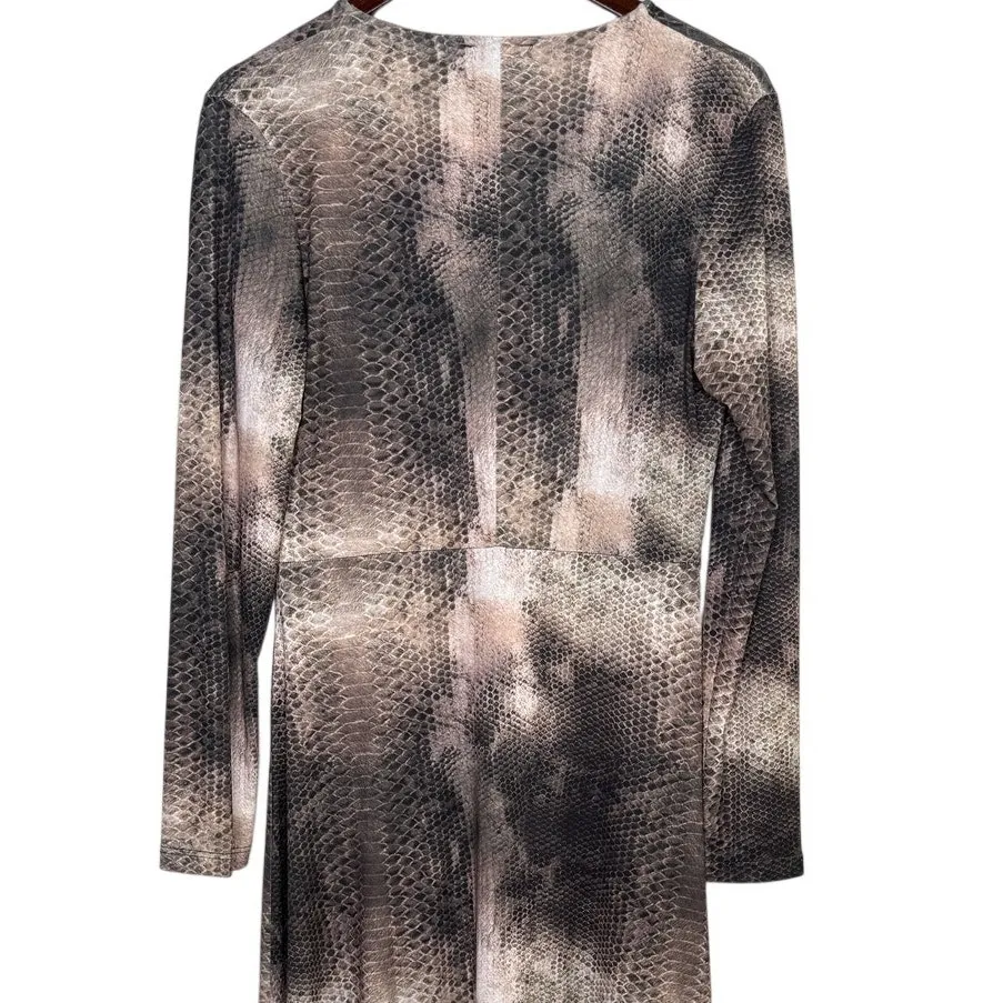 Zara Snakeskin Long Sleeve V Neck Button Down Midi Dress Stretchy M Beige Brown - Image 6