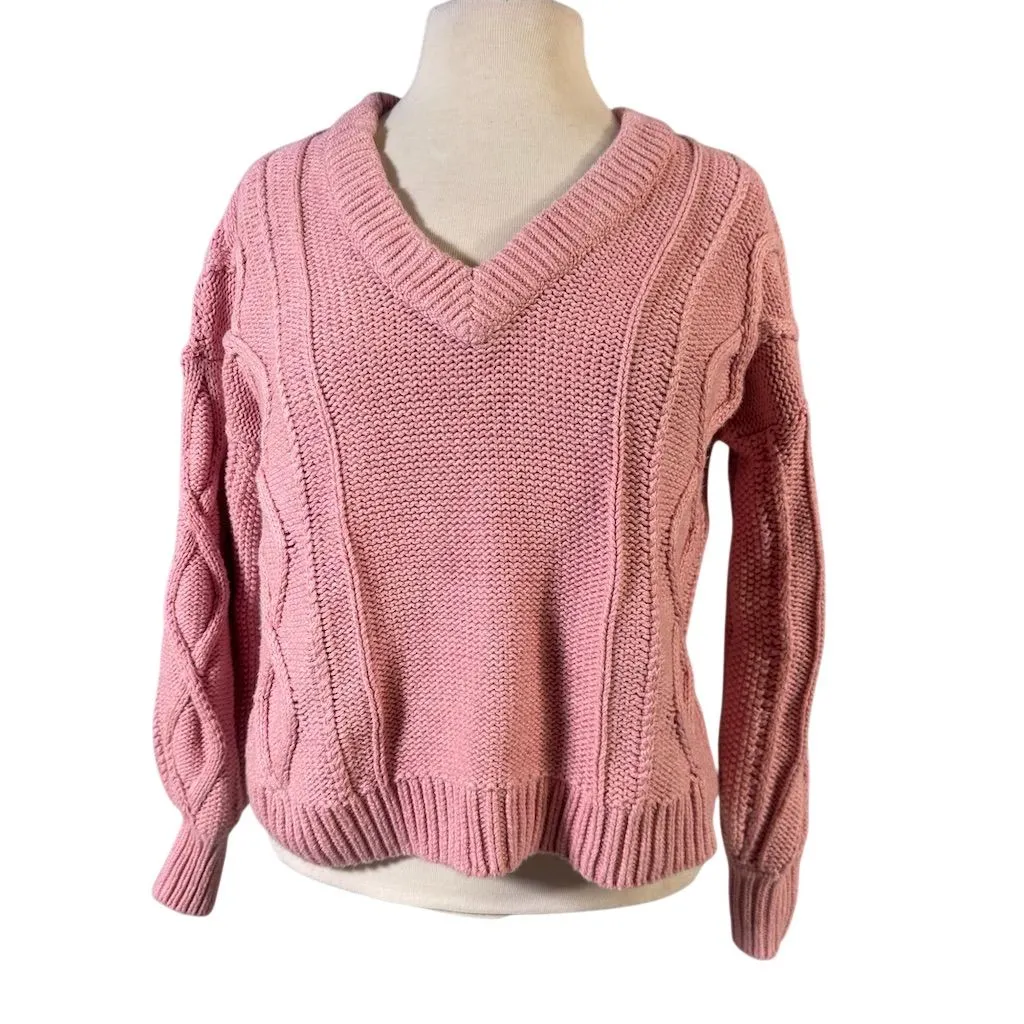 Madewell Women's Size XS Pink Cableknit Cotton V-Neck Sweater Long Sleeve Casual - Image 2