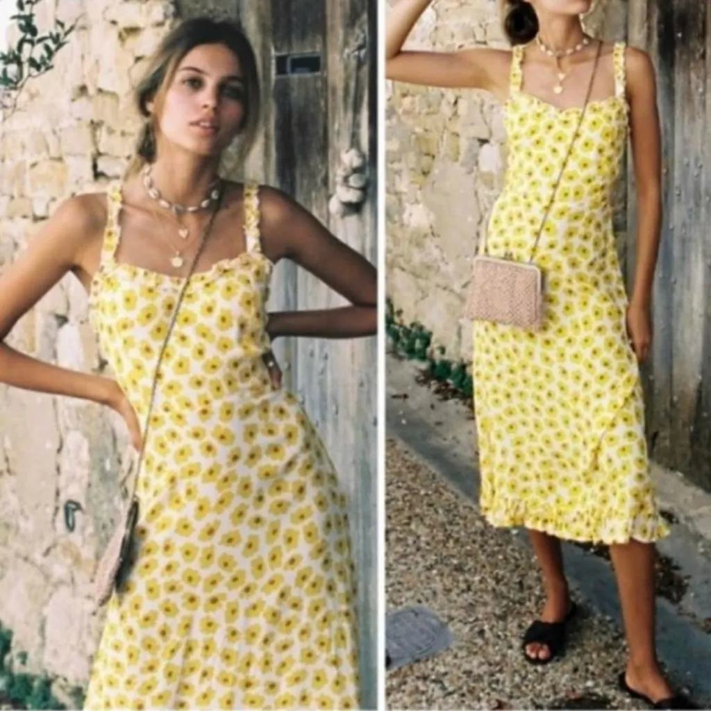 Faithfull the Brand Noemie Dress Size 8 US Yellow Floral Midi Ruffle Hem Smocked - Image 10