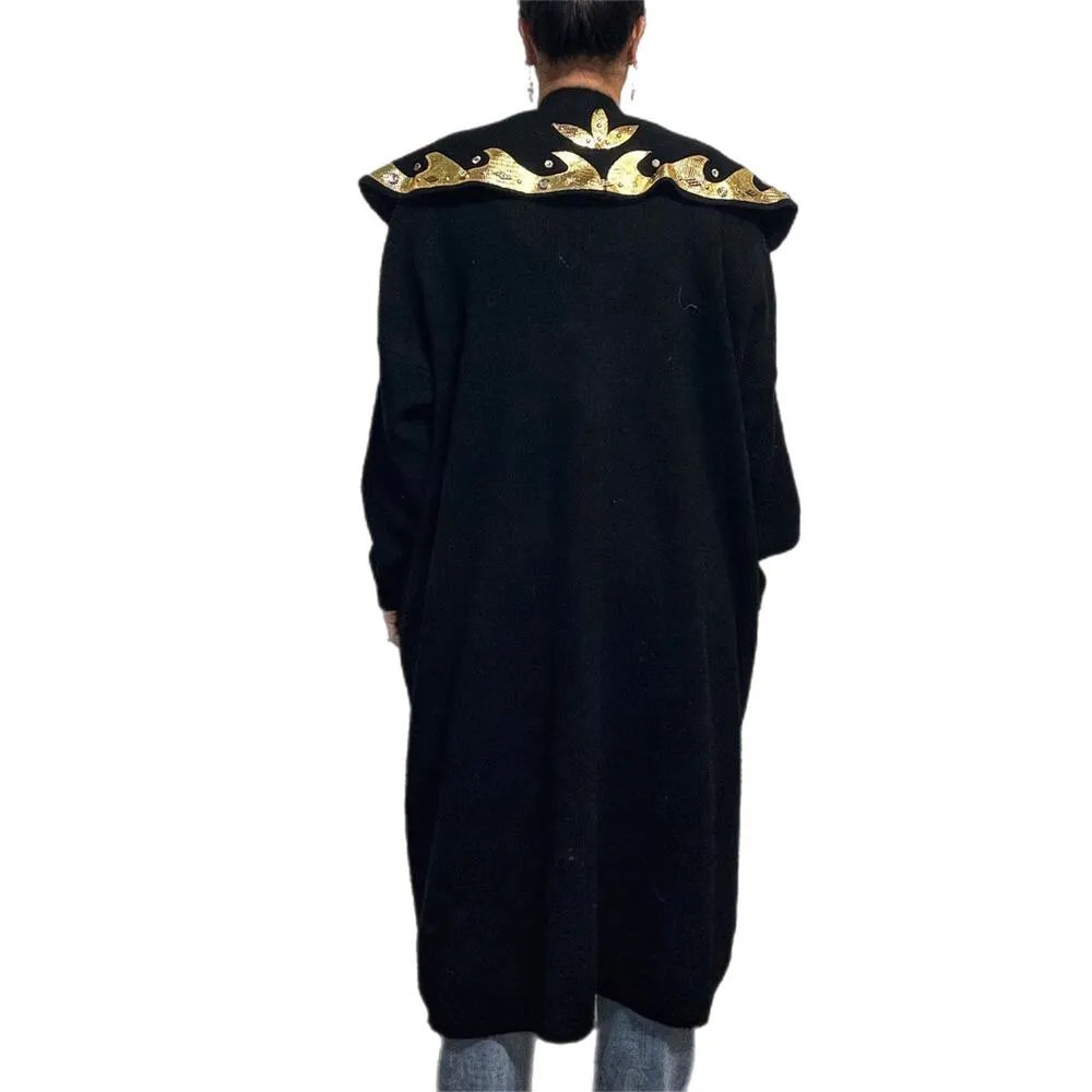 Black Long Line Gold Trim Open Front Vintage Cardigan Sz O/S - Image 11