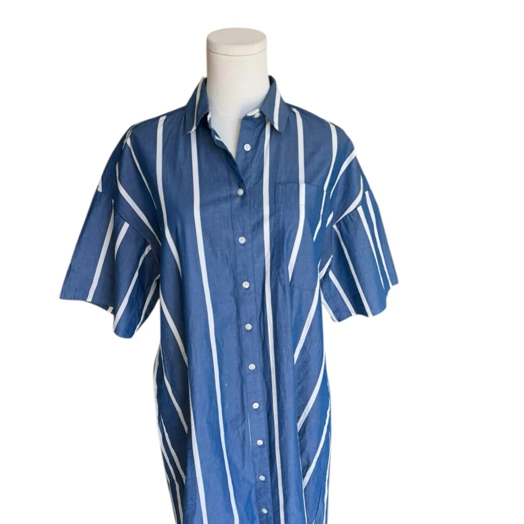 Madewell - Oversized Midi Shirtdress in Stripe Blue White Cotton Poplin Sz S - Image 5