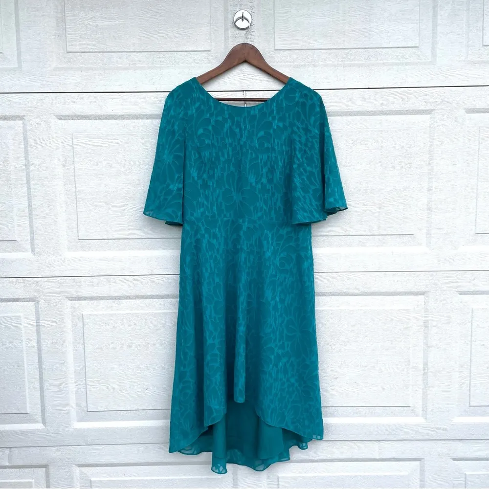 HD in Paris Womens Dress Teal Blue Floral Jacquard V Neck Hi Low Hem Size Small - Image 2