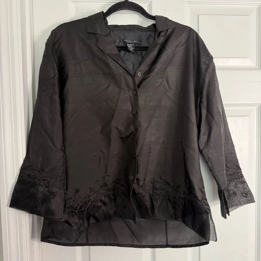 SilkLand Classic Vintage Black Silk Embroidered Button Down Shirt XL - Image 2