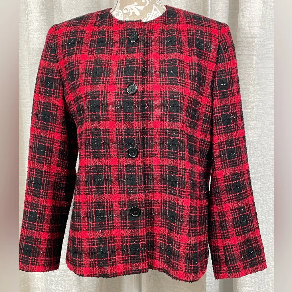 Preston & York Petites Red Plaid Wool-Blend Jacket | Size 14P - Image 3