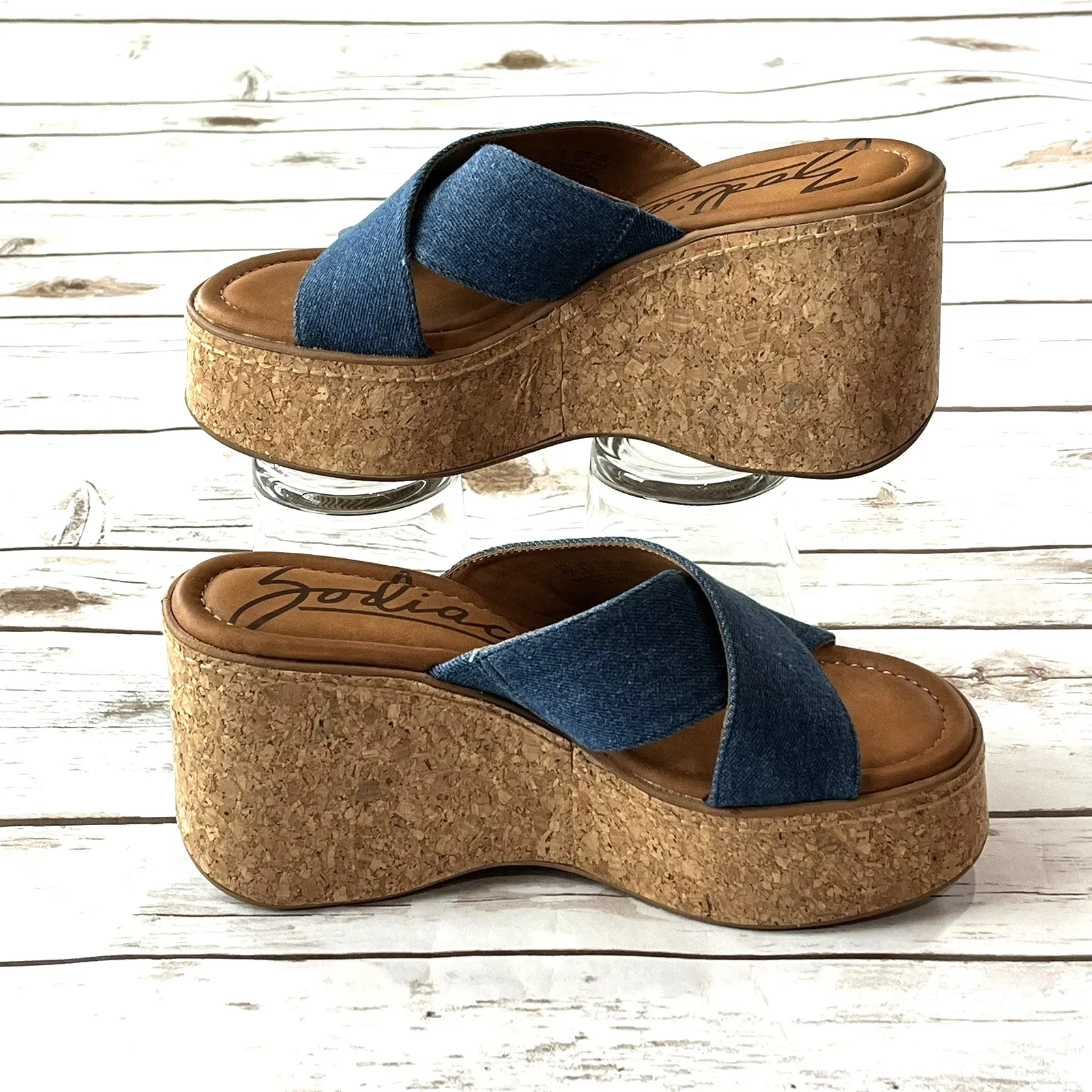 Zodiac Platform Wedge Slide Chunky Y2K Sandal Women US 9 M EU 40 Denim Cork Heel - Image 4