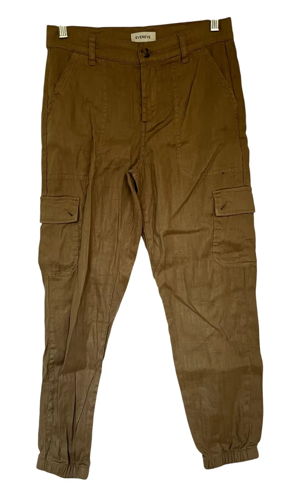 Evereve brown cargo pants women's size 28 linen trousers pockets stain flaw - Image 1