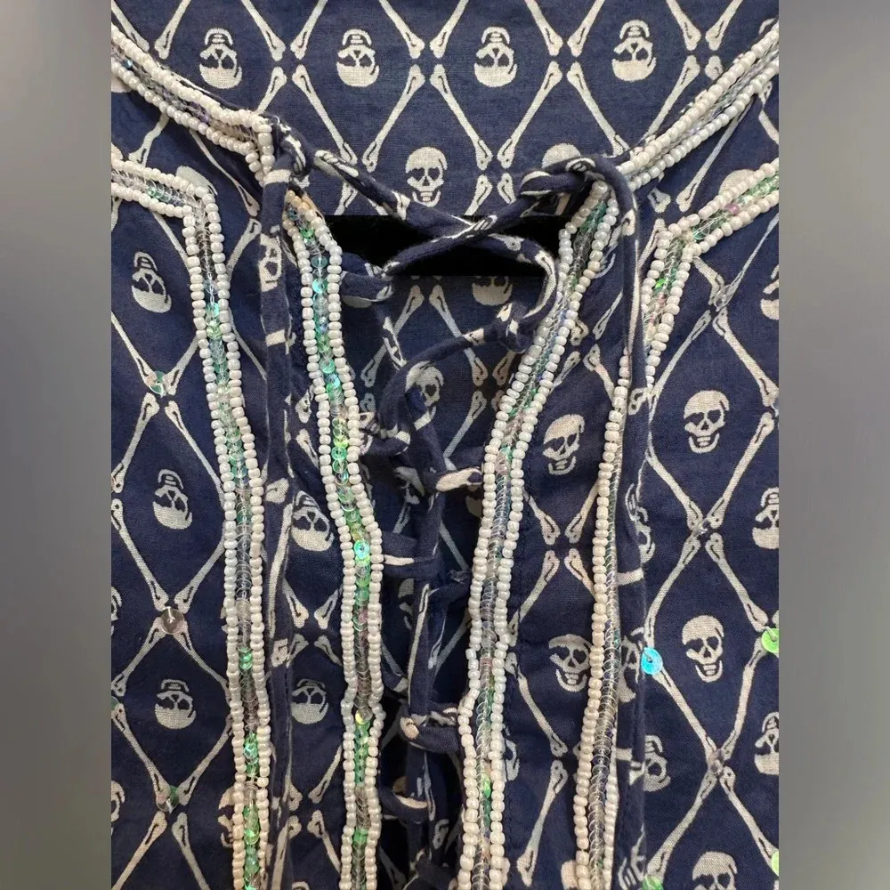 Letarte Skull Tunic Coverup Dress Navy Blue Sequin Bead 3/4 Sleeve Blouse Size S White - Image 3