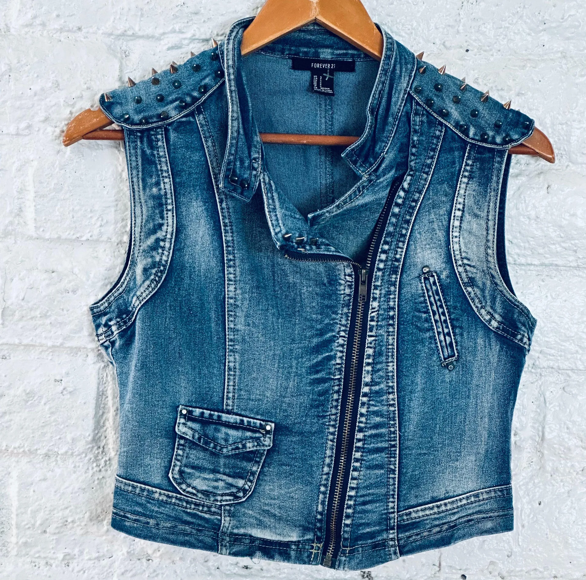 Metal Spike Studded Denim Vest Womens S Blue Sleeveless - Image 2