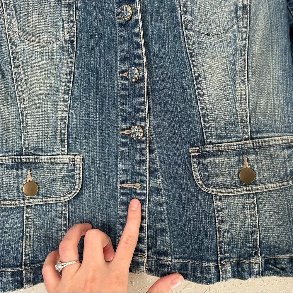 Live a Little Denim Jean Jacket Casual Spring Embroidered Beaded Medium - Image 9
