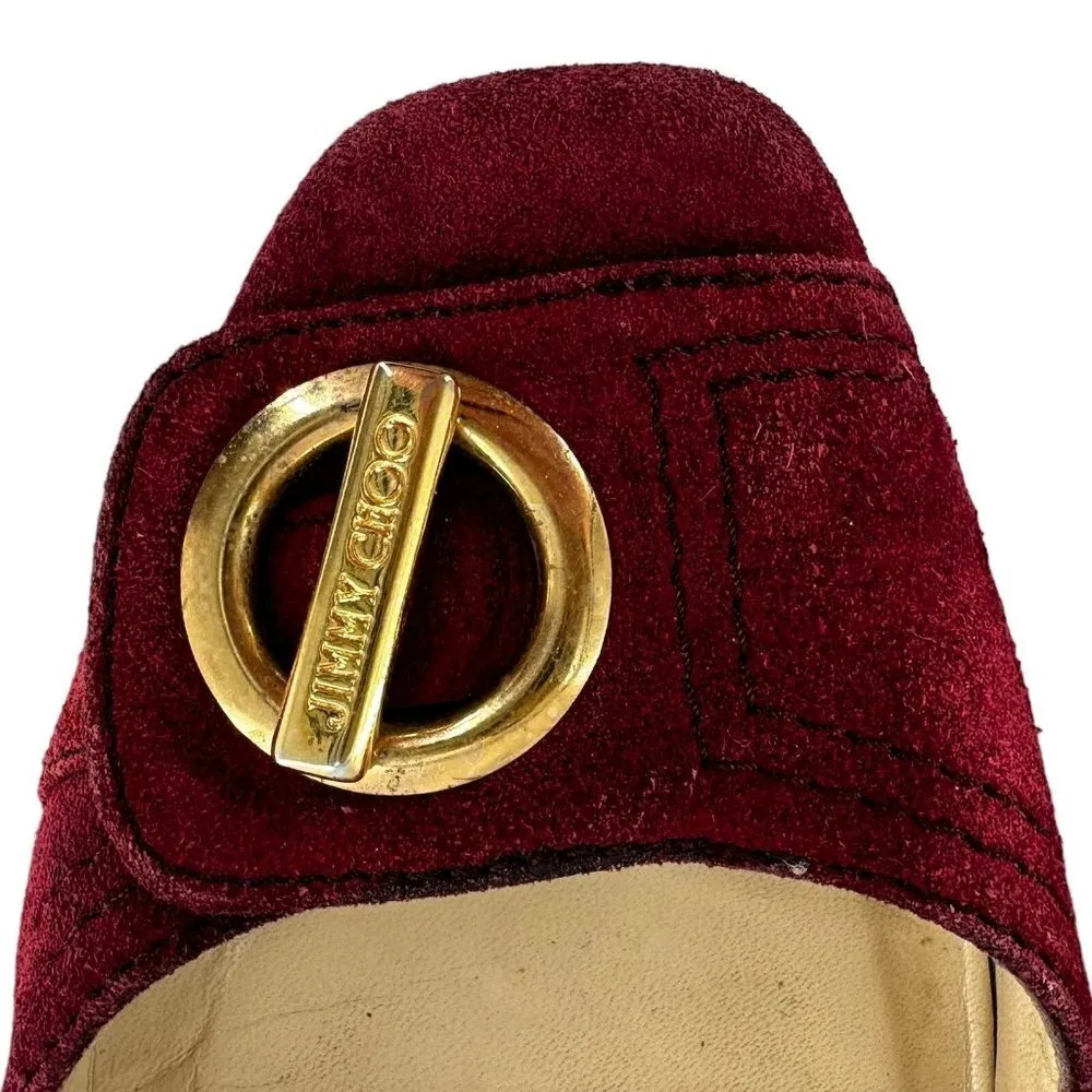 JIMMY CHOO Maroon Red Suede Square Toe Logo Buckle Flats Size 39.5 / US 9.5 - Image 4