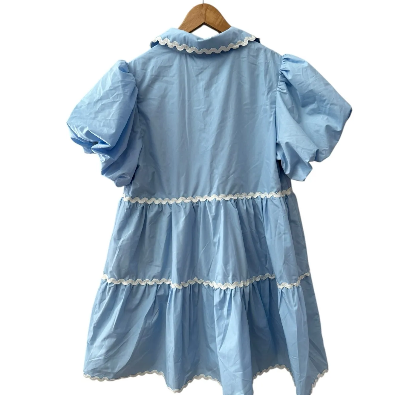 Mainstrip Puffed Sleeve Ric Rac Trimmed Solid Mini Dress‎ Blue Size Large - Image 9