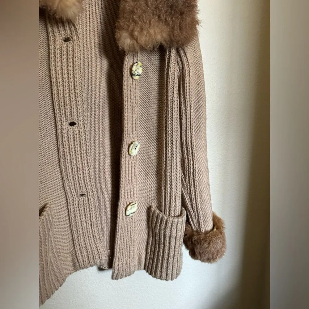 Vintage 70s Chunky Wool Knit‎ Cardigan Sweater Fur Trimm Sz Medium Tan - Image 3