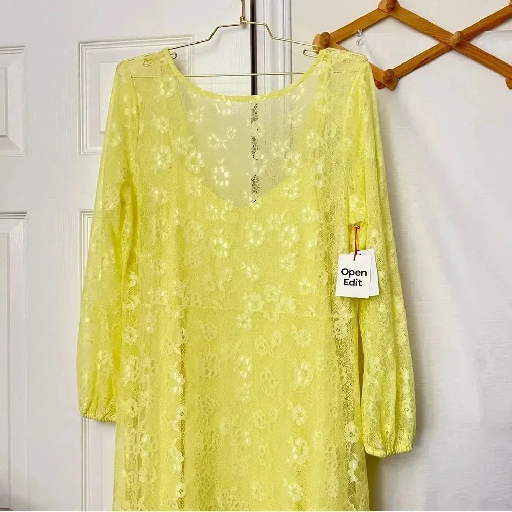 Open Edit Sheer Lace Long Sleeve Maxi Dress Yellow Elfin Size Large - Image 8