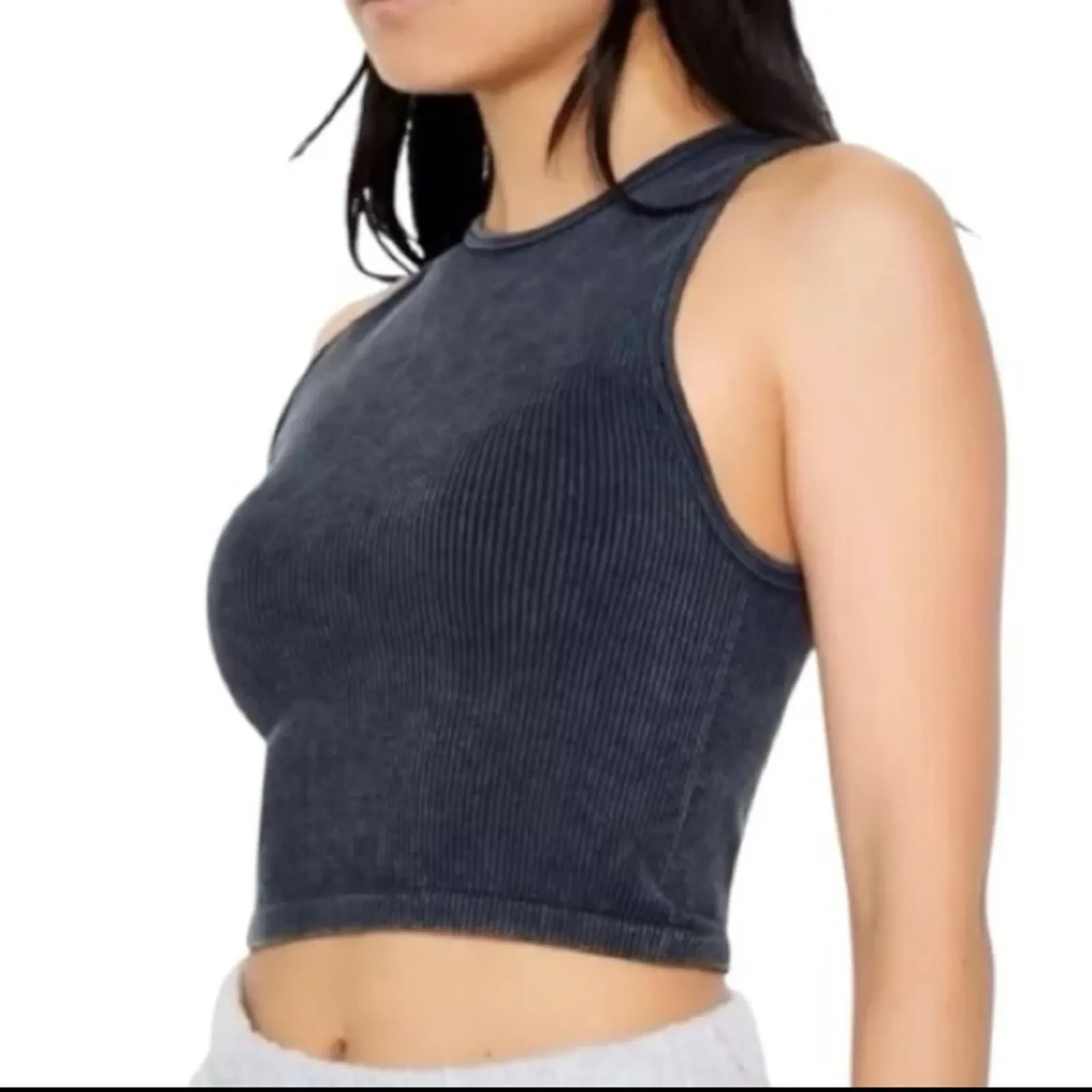 Forever 21 Ribbed Cropped Waffle Knit Muscle Tank Grey Black Size Small - Image 2