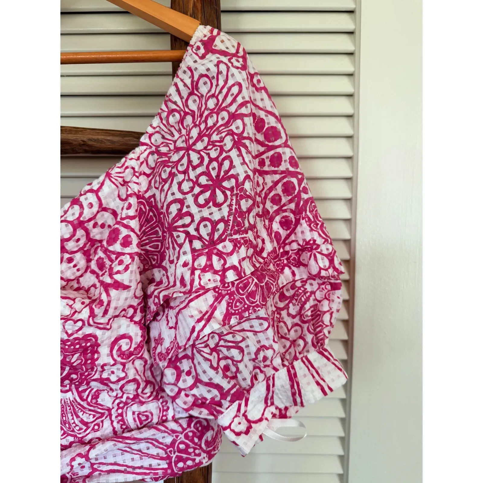 Meve Pink Floral Print Tie Crop Top Blouse Off Shoulder Puff Short Sleeve S - Image 4