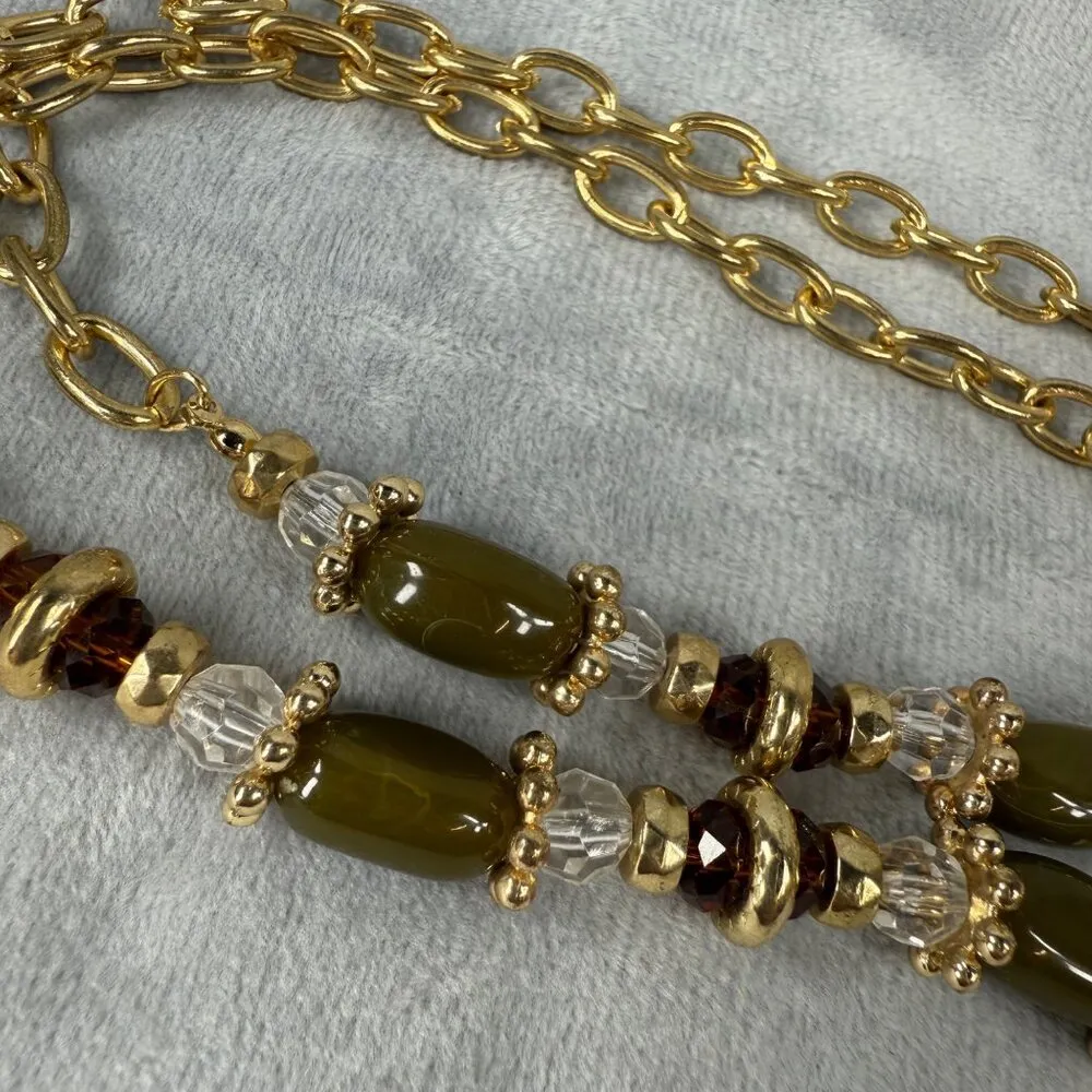 Gold Tone Chain Necklace Dark & Clear Beads Gold Tassel Pendant Long Length - Image 6