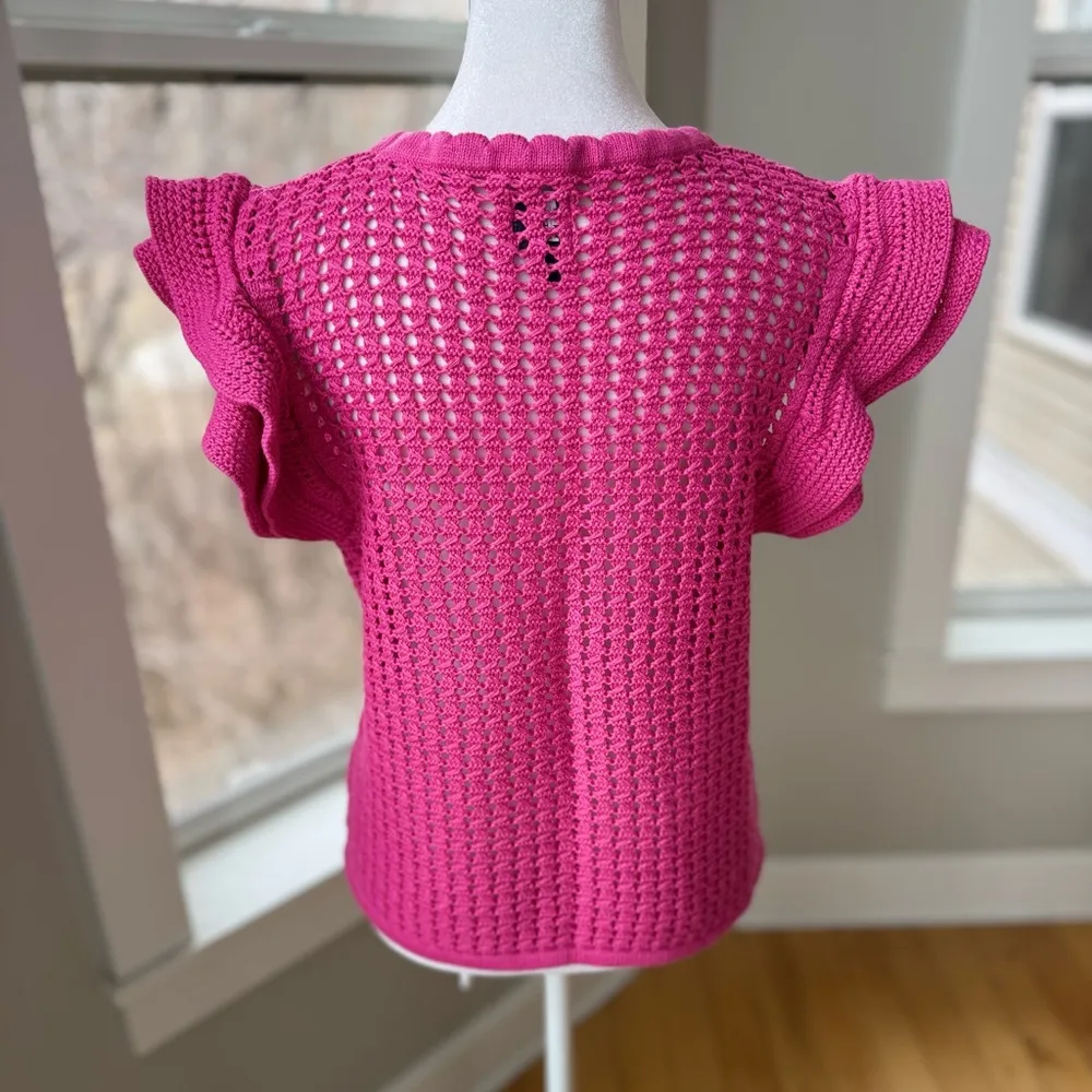 GAP Hot Pink Fuschia Cotton Crochet Ruffle Sleeveless Sheer Sweater Top Sz M - Image 3