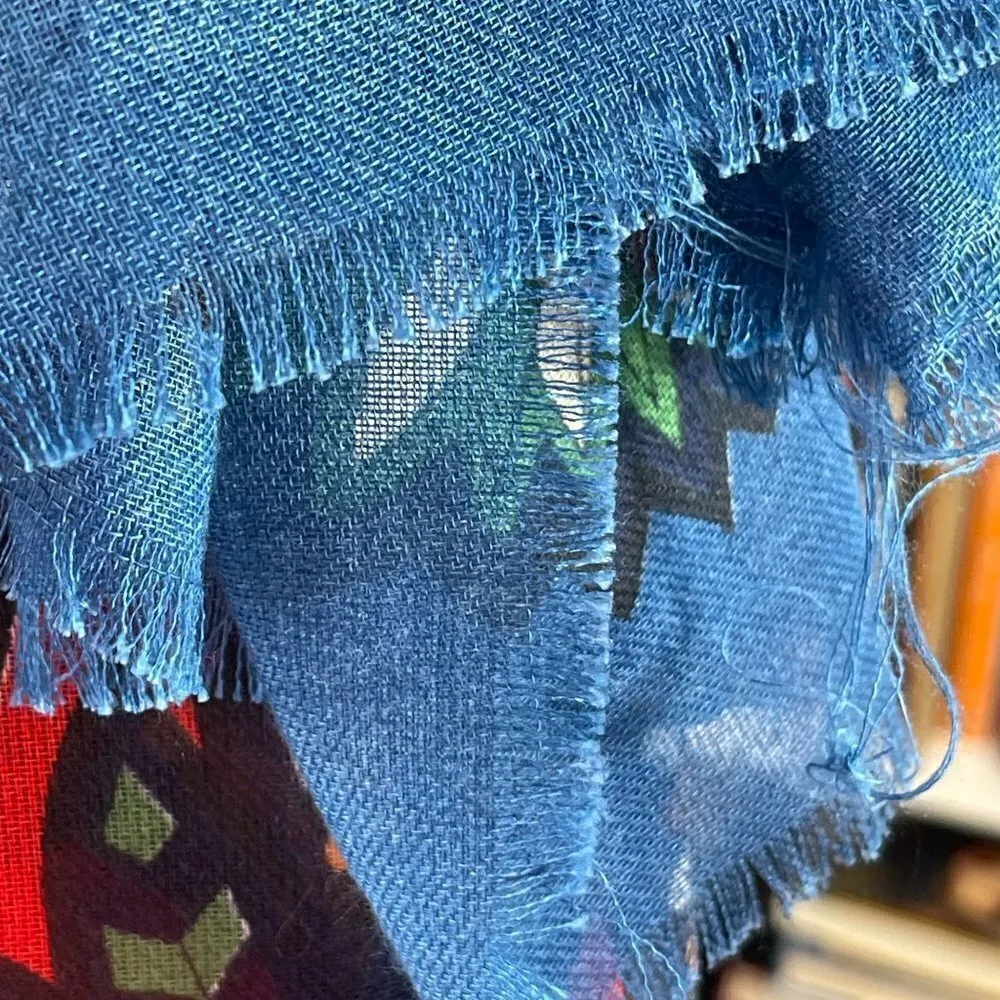 Women's Italian Scarf Kaleidoscope Floral Large Blue Red Green Fringe 52 X 54 - Image 5