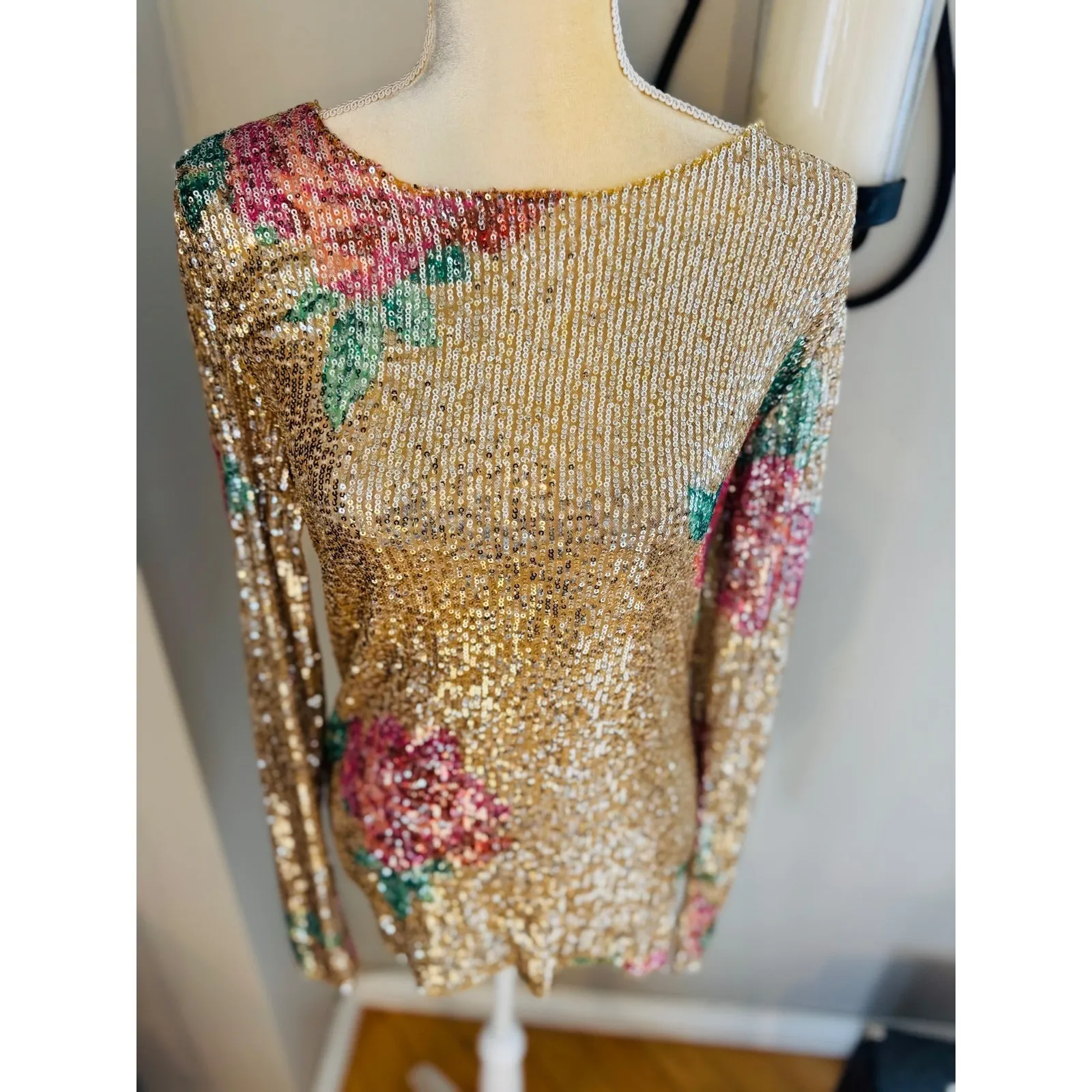 Free People Gold Rush Floral Sequin Top, Champagne/Pink, Medium, NWOT - Image 7