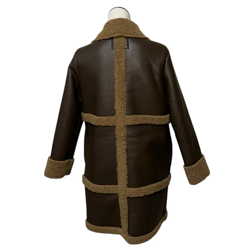 NWT Bearpaw Sherpa Mixed Media Long Jacket Coat Pockets Chocolate Brown - Image 6