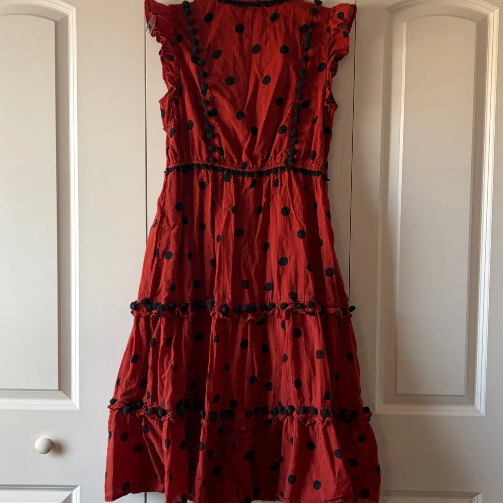 Crown & Ivy Orange and Black Polka Dot Pom Pom Dress Size M - Image 4