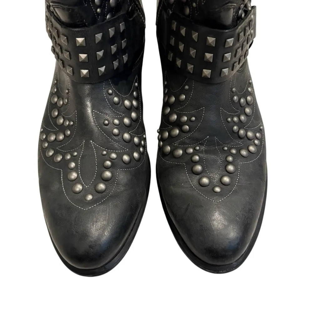 Ariat Black Leather Studded Mid Calf Biker Harness Boot, Sz 9 - Image 12