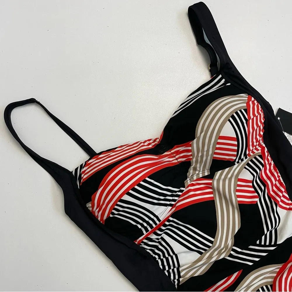 La Blanca Swimsuit One Piece Bustier Style Padded Ruching Geometric Black Red - Image 2