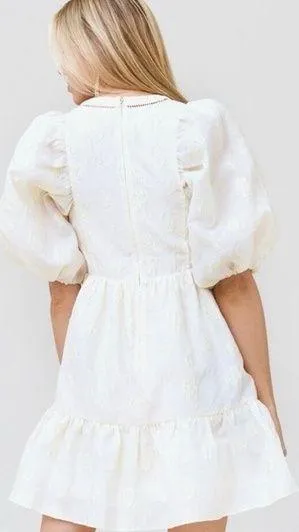 HUNTER BELL Gaille Puff Sleeve Mini Dress in Ivory Floral Jacquard Size Medium - Image 2