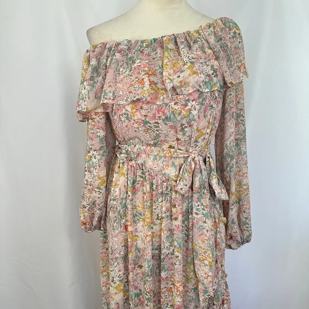 Revolve ASTR the Label Kaylani Dress In Pink Multi Floral Off Shoulder Ruffle XS - Image 7