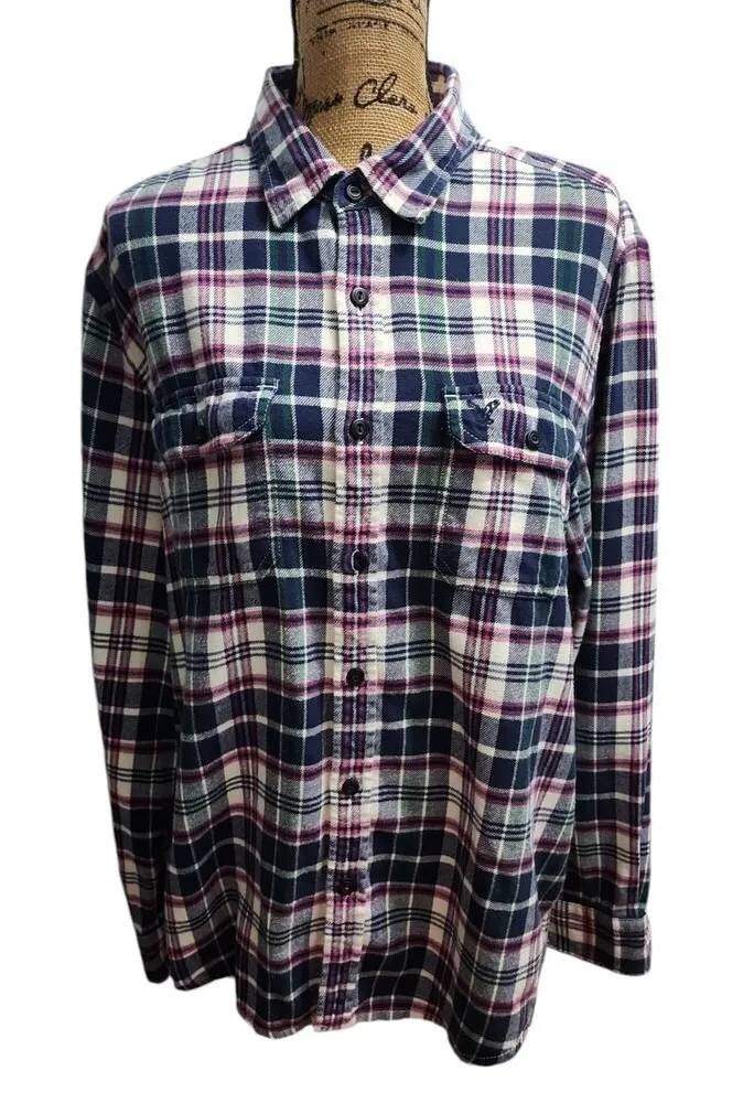 Amercan Eagle Flannel Shirt Plaid Long Sleeve Button Up Casual Comfort Size XL Blue - Image 1