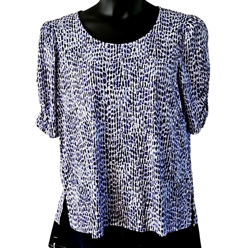Susan Graver Liquid Knit Puff Sleeve Top - Abstract Print - Size Large NWOT - Image 2