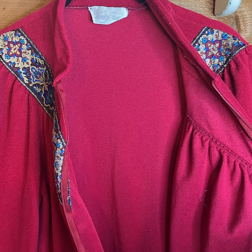 Vintage Vanity Fair Embroidered Housecoat Jacket Zip Maxi Duster Dress velvet - Image 4