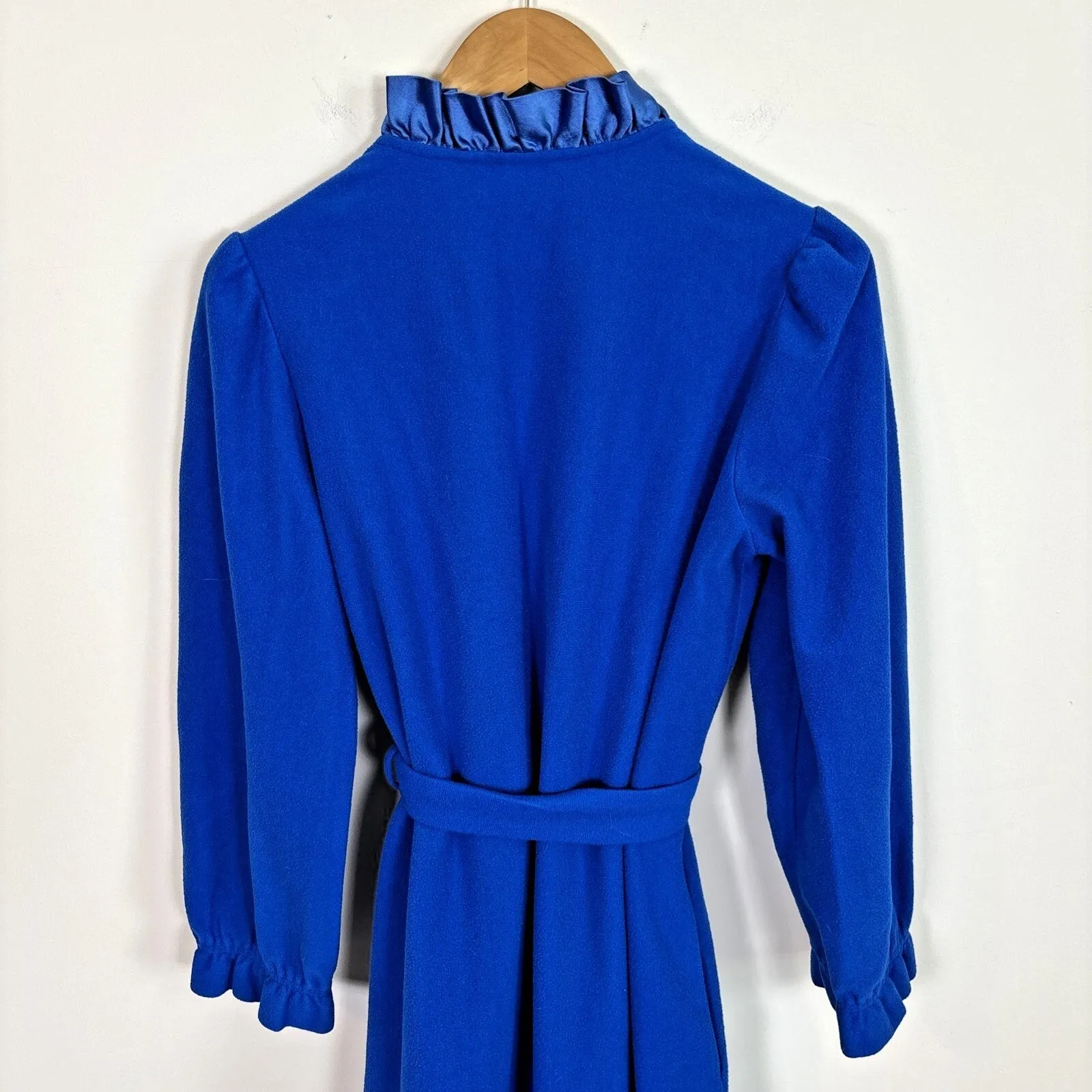 Vtg Sears At Home Wear Robe Womens Sz M Royal Blue Ruffle Trim Long Size M - Image 7