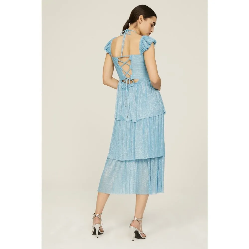 SABINA MUSAYEV Light Blue Metallic Corseted Back Keyhole Cutout Amandea Dress M Size M - Image 2