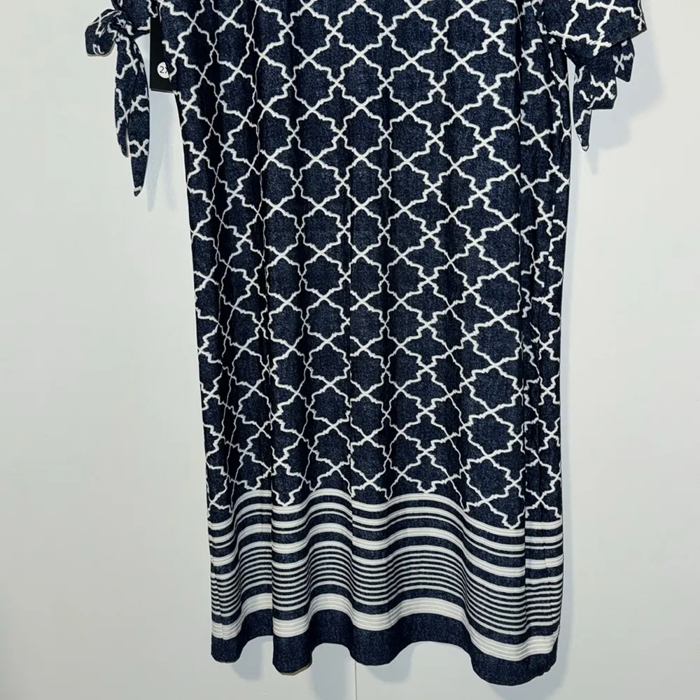 Tacera Navy & White Shift Dress Moroccan Trellis Print w Striped Hem Women’s 2X - Image 9