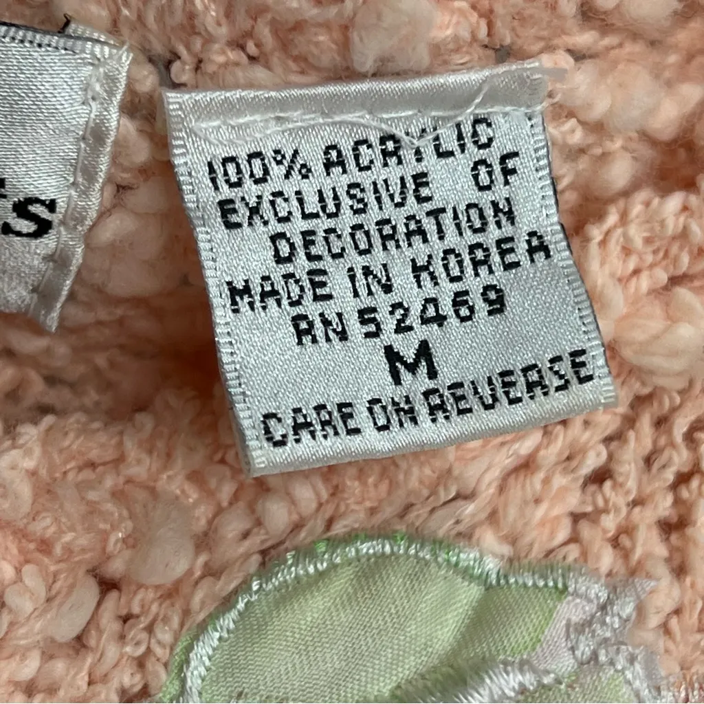 Vintage 80’s M peach Knit short sleeve Sweater Floral Embroidery Orange Size M - Image 3