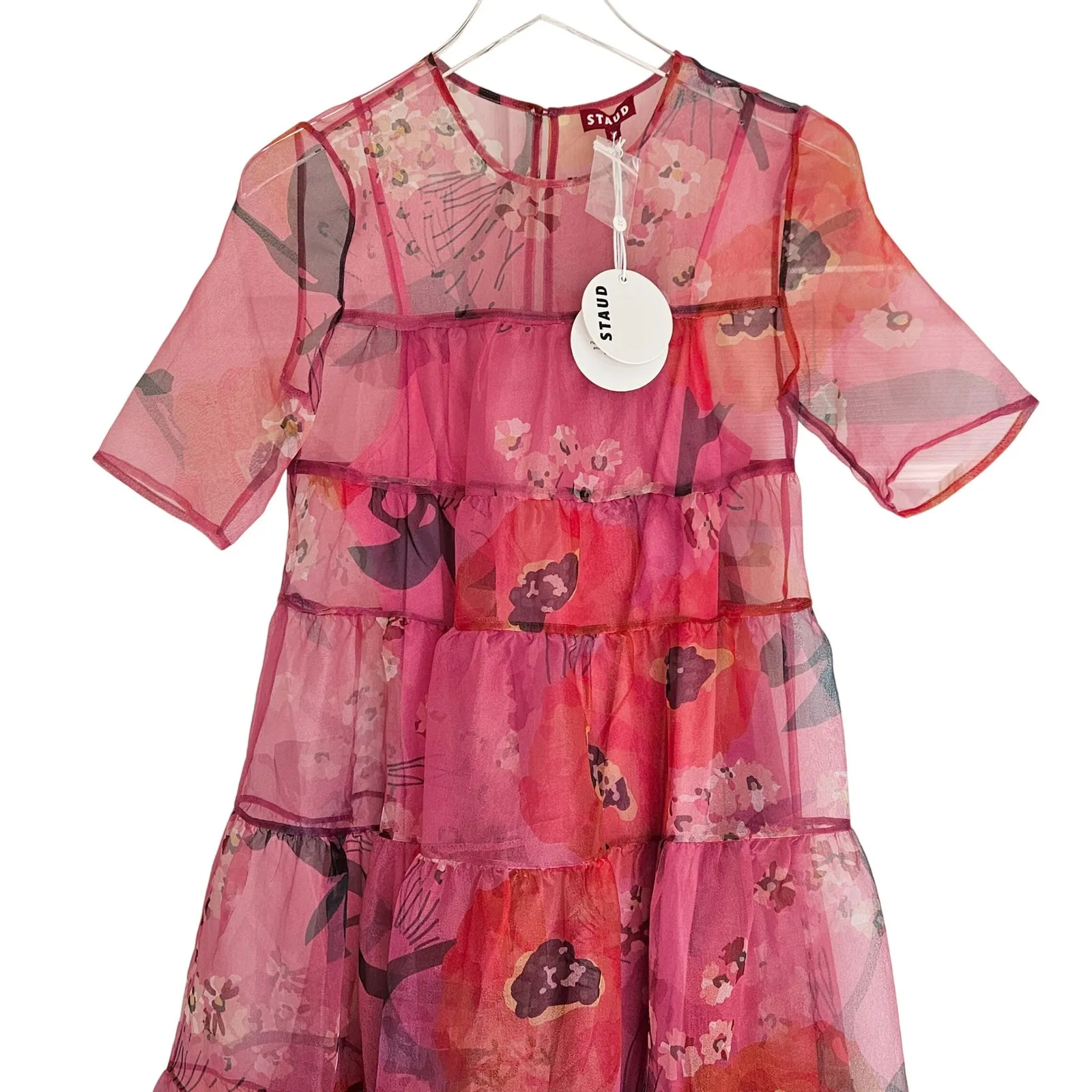 NEW STAUD Hyacinth Tiered Floral Organza Dress Size XS Pink Poppies - Image 9