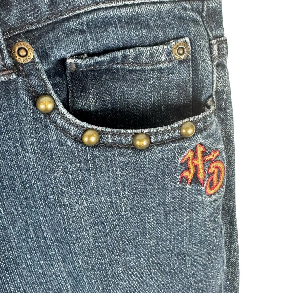 Harley Davidson Medium Wash Mid Rise Embroidered Studded Jean Capris Size 10 Blue - Image 3
