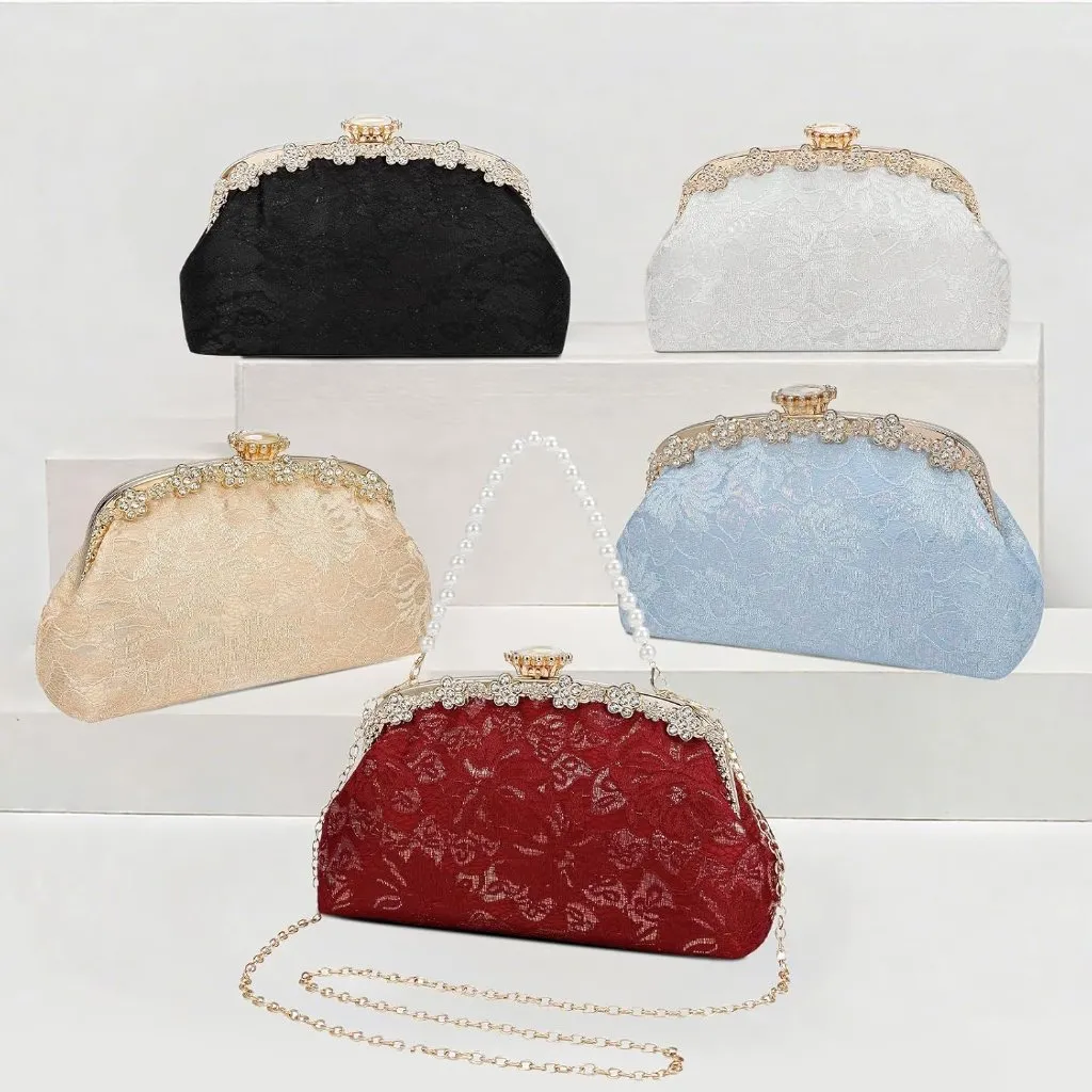 ⚡ Women's Gold Fabric Lace Pearl Chain Rhinestones Shoulder Clutch Bag - Image 8