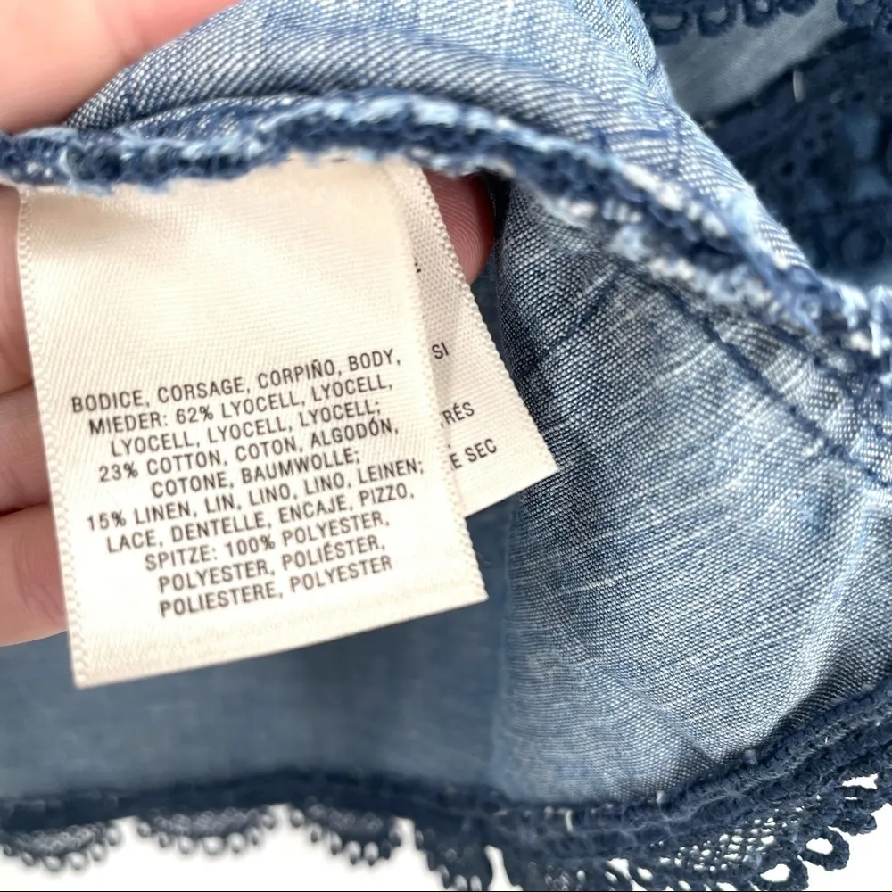 Anthropologie Holding Horses Chambray Pleated Eyelet Boho Crochet Top - Image 8