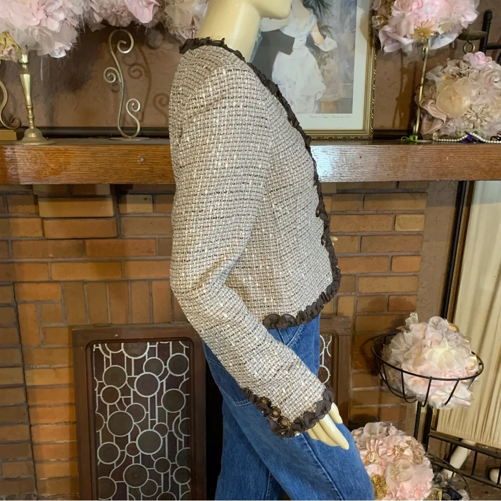 ANNE KLEIN BROWN & BEIGE TWEED W/CHIFFON TRIM WOOL BLEND BLAZER (4) - Image 5