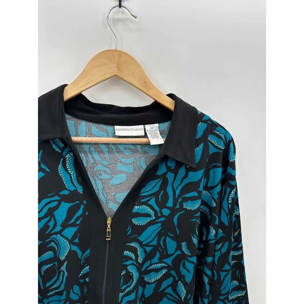 Drapers & Damons Full Zip Jacket Blue Black Floral Print 3X Slinky 3/4 Sleeve - Image 5