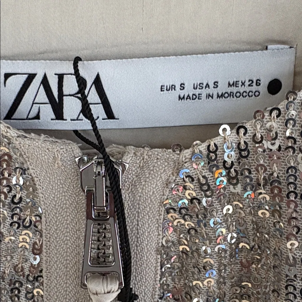 NWT Zara Sequin Bomber Jacket Silver Size Small - Image 6
