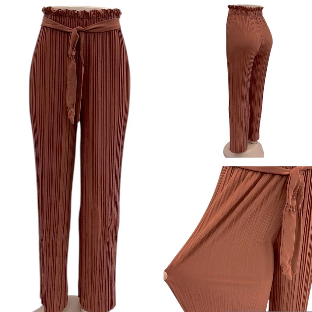 New Mix Rust Wide Leg Pleated Pull On Tie Waist Lightweight Pants Womens Medium - Image 2