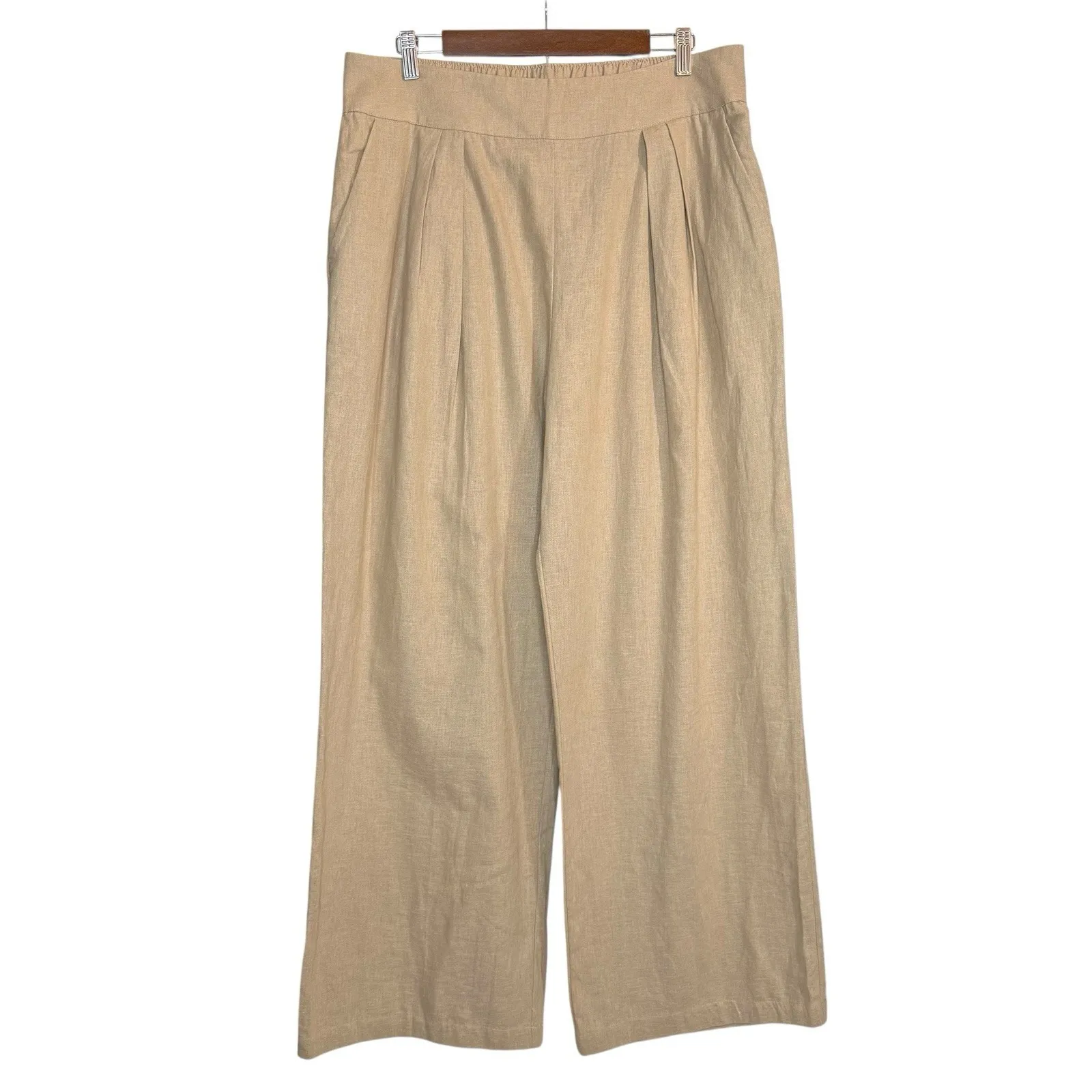 NWT Abercrombie & Fitch Linen Pleated Pull‎ On Wide Leg Trouser Pants L Long Tan - Image 3