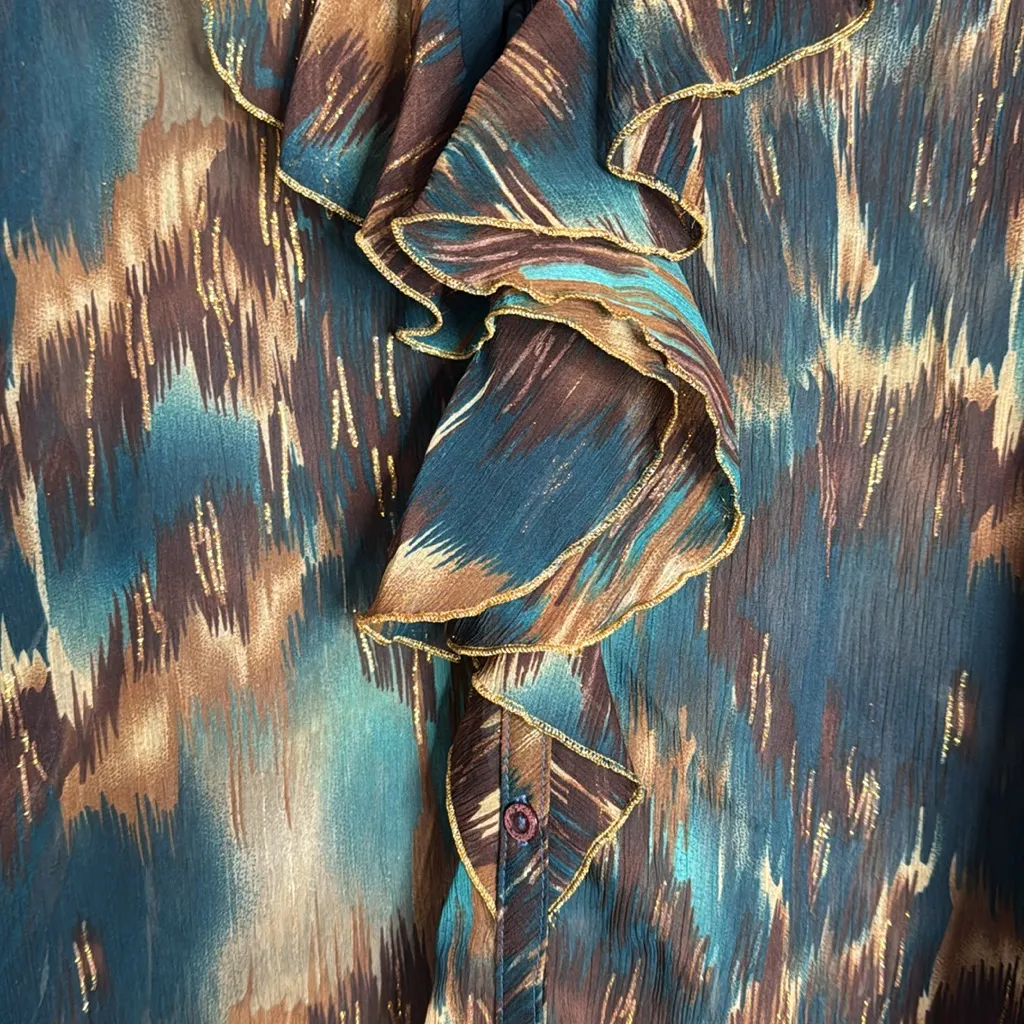 Cydney Mar Multicolor Ikat Crinkle Chiffon Sheer Ruffled Blouse size XL Brown - Image 6