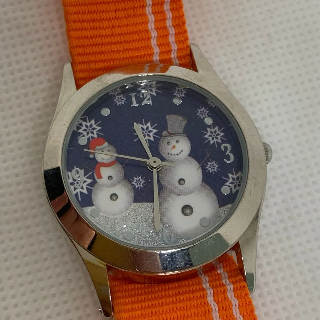 Women/kids Snowman wrist watch silver tone 32mm quartz analog orange running - Image 3