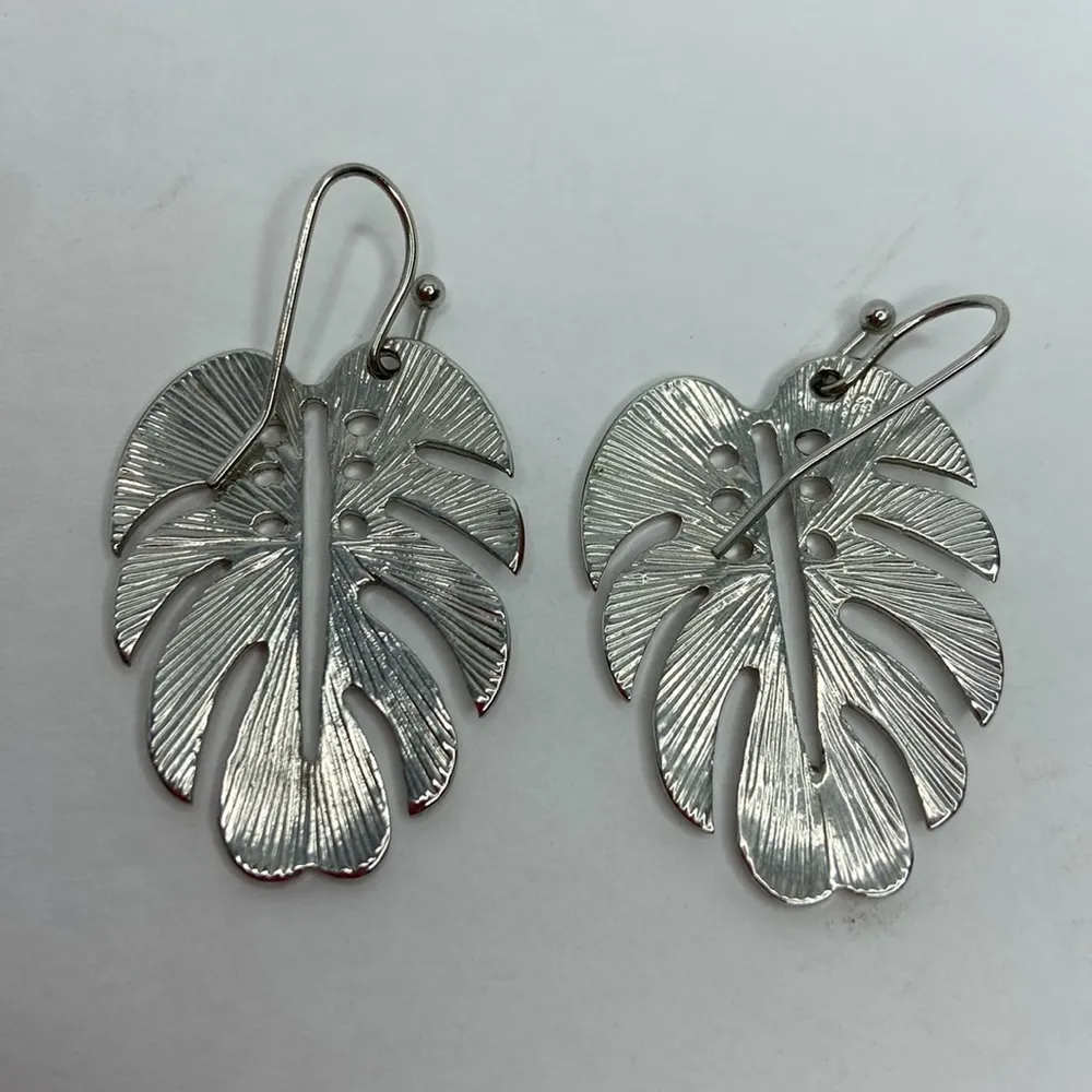 Handmade Monstera Silver Leaf Hooked Pierced Earrings - Image 8