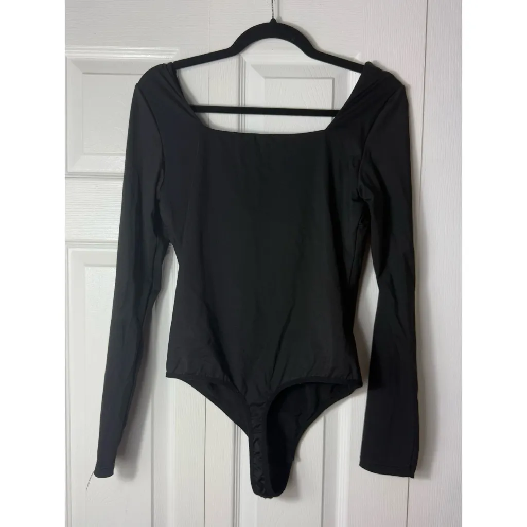 Popilush Black Square Neck Shapewear Bodysuit Long Sleeve Top XL Built In Bra - Image 8