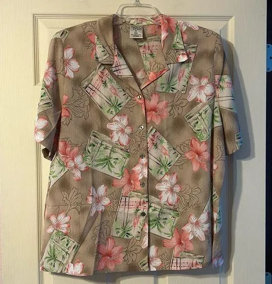 Vintage Allison Daley Button Down Blouse Hawaiin Tropical Print 18W - Image 1